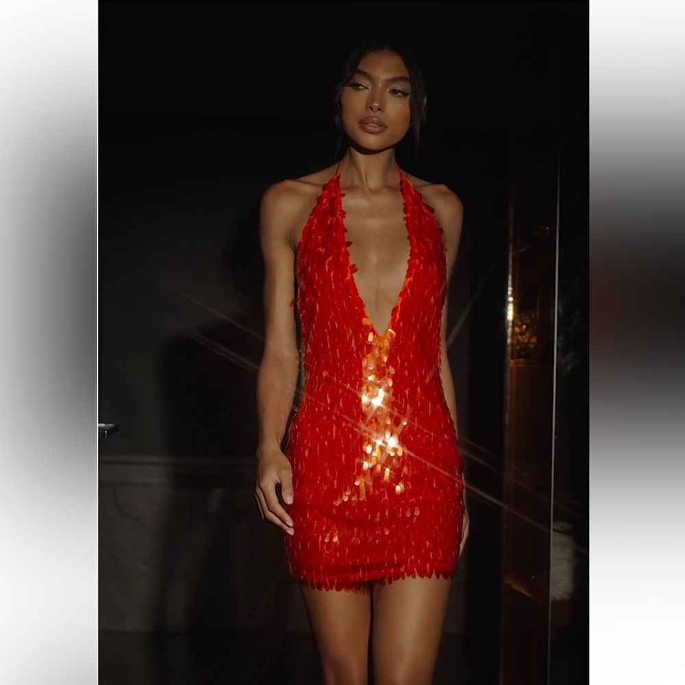 Meshki Red Sequin Halter Mini Dress - Firey Orange